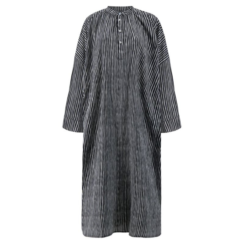 Thumbnail of Georgia Organic Cotton Long-Sleeved Long Dress With Button Half-Placket And Side Pockets In Black And White Wavy Stripe Block Print image