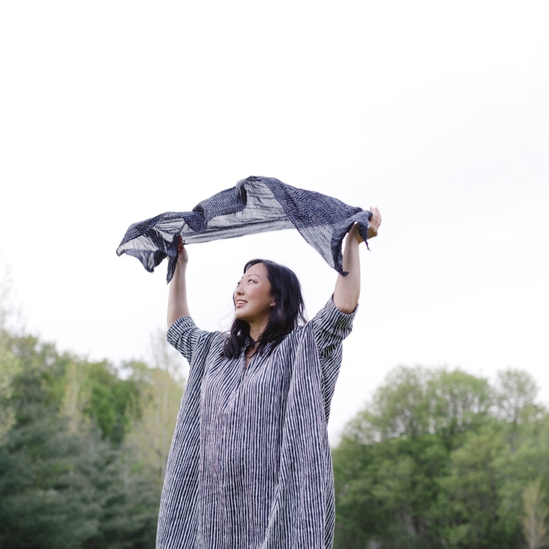 Thumbnail of Georgia Organic Cotton Long-Sleeved Long Dress With Button Half-Placket And Side Pockets In Black And White Wavy Stripe Block Print image