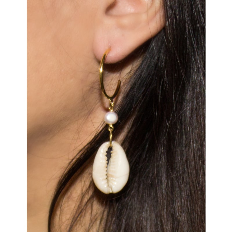 Thumbnail of Pearls & Cowrie Shell Hoop Earrings image