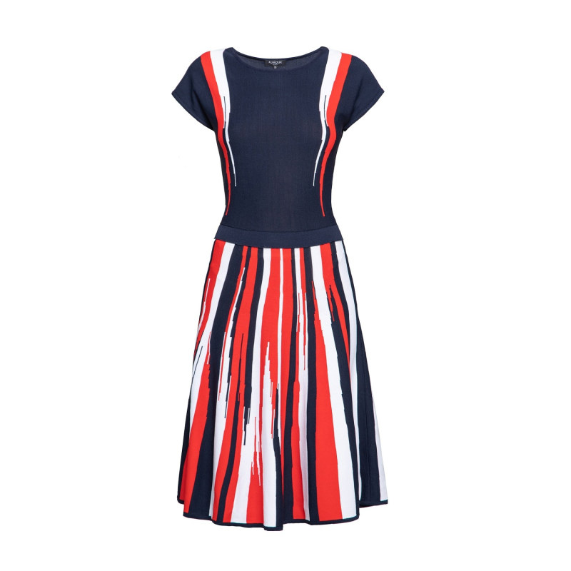 Thumbnail of Iris striped knitted fit and flare dress in navy and red image