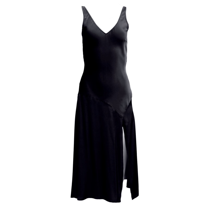Mae Wide Strap V Neck Slip Dress In Black Silk On rik Wolf Badger