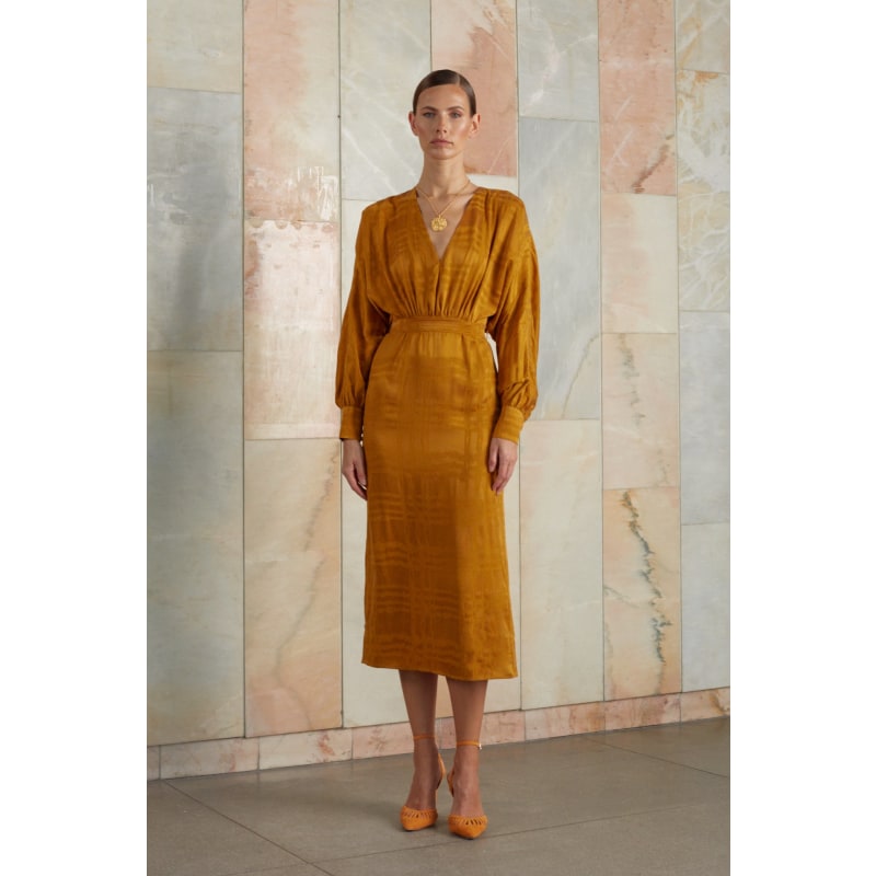 Thumbnail of Beca Honey Orange Cupro Midi Dress With Voluminous Sleeves image