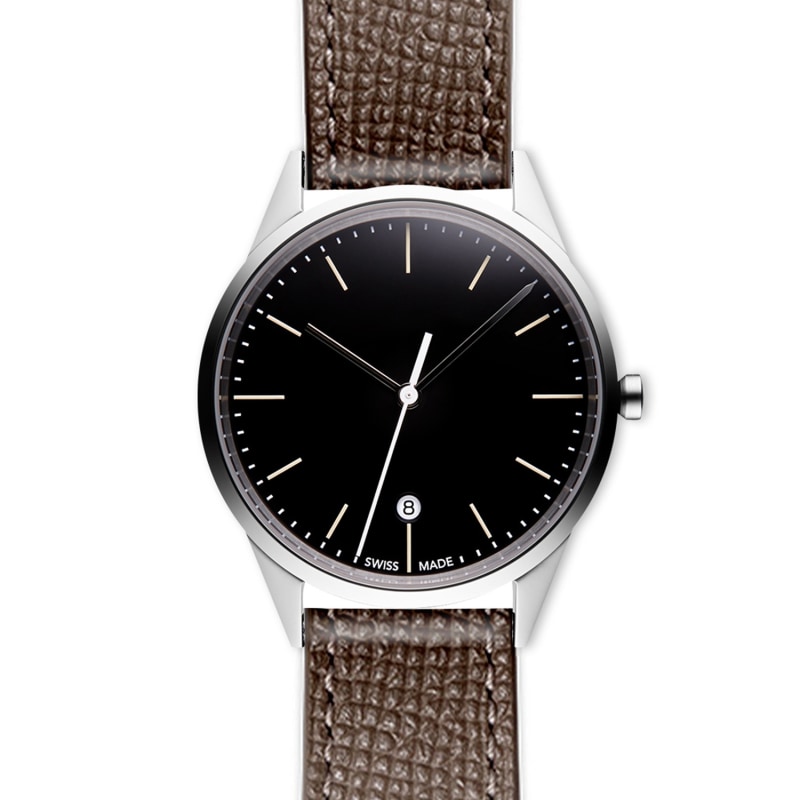 Thumbnail of Women's C36 Date Watch In Polished Steel With Textured Grey Nappa Leather Strap image