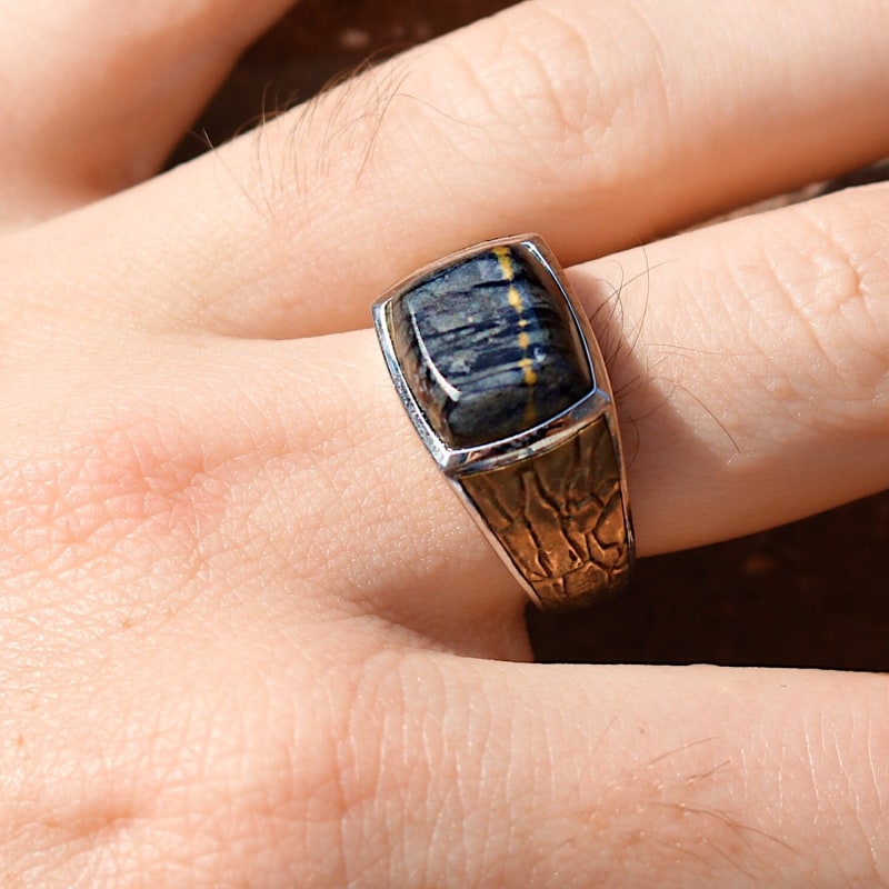 Thumbnail of Grey Picture Agate Stone Signet Ring In Brown Rhodium Plated Sterling Silver image