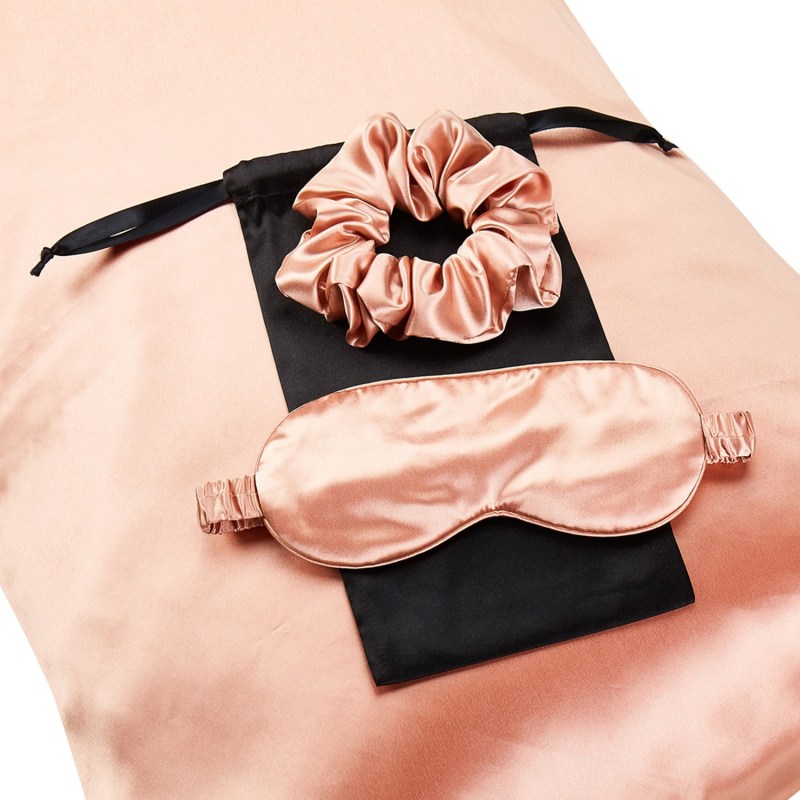 Gift Set: Rose Gold Pure Mulberry Silk Pillowcase, Eye Mask And Scrunchies, King Size, Soft Strokes Silk