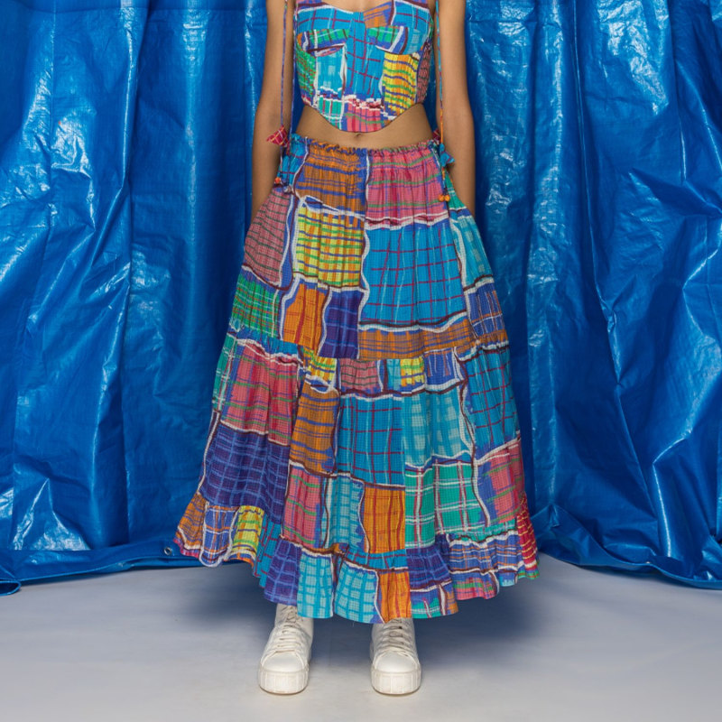Gingham Flared Skirt DOH TAK KEH Wolf Badger