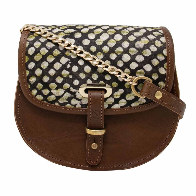 Thumbnail of Mini Victoria Amaka Olive Green & Black Spotted African Print Full Grain Tan Leather Crossbody Saddle Bag With Gold Chain image