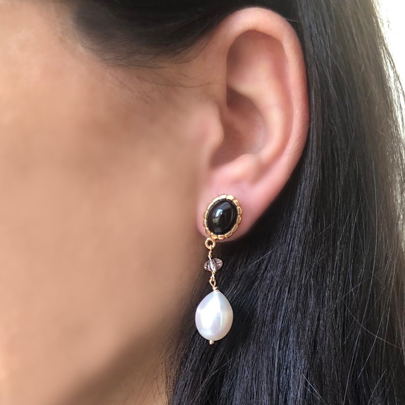 Thumbnail of Onyx, Pink Quartz & Pearl Rose Gold Drop Earrings image