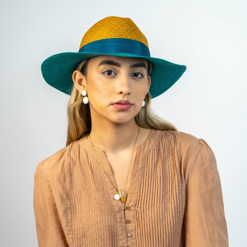 Thumbnail of Lopez Colour Block Straw Panama Hat - Brown, Green image