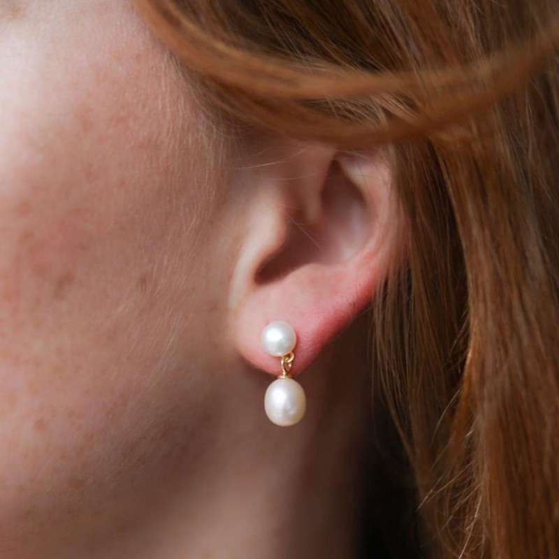 Glebe Double White Pearl Gold Vermeil Drop Earrings Auree Jewellery Wolf Badger