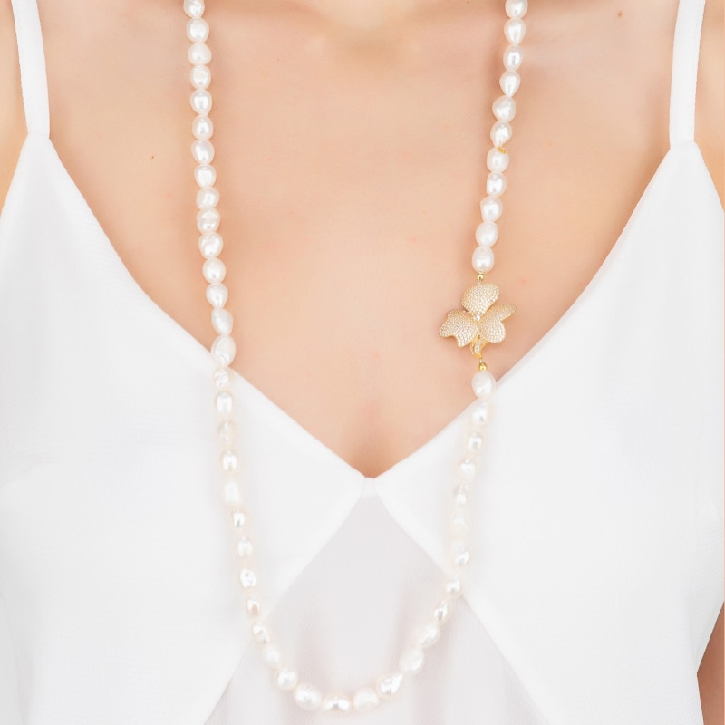 Thumbnail of Flower Pearl Gemstone Long Necklace White Cz Gold image