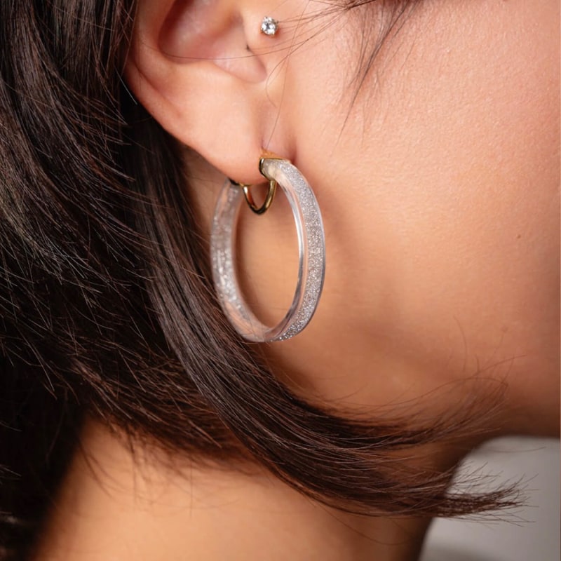 Glitter Hoop Earrings In Clear Silver Gold Honey Wolf Badger