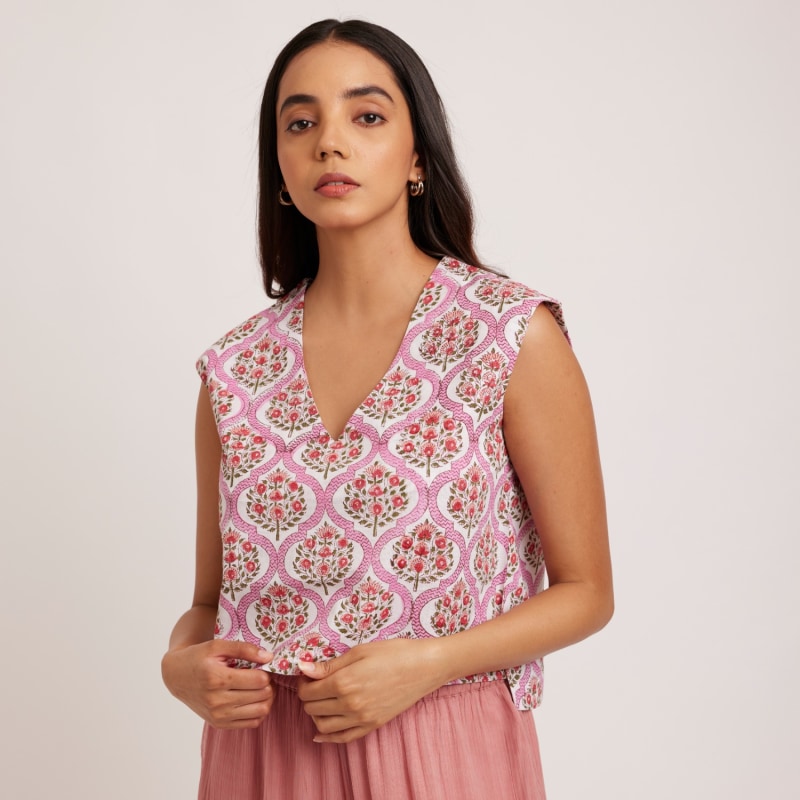 Thumbnail of Golbahar Block Print V-Neck Top In Pink image