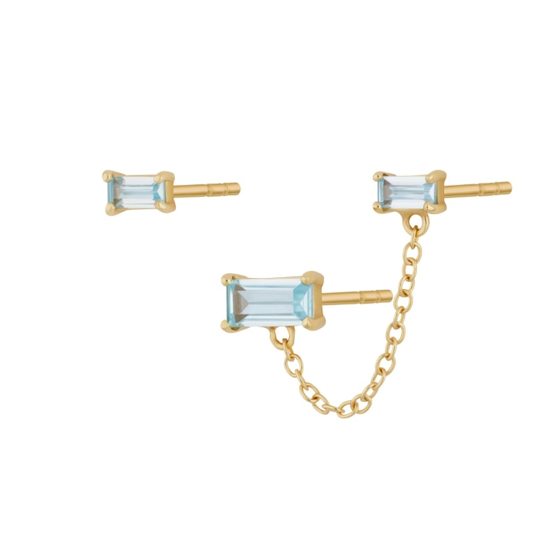 Gold Aquamarine Chained Baguette Stud Earring Set by Scream Pretty
