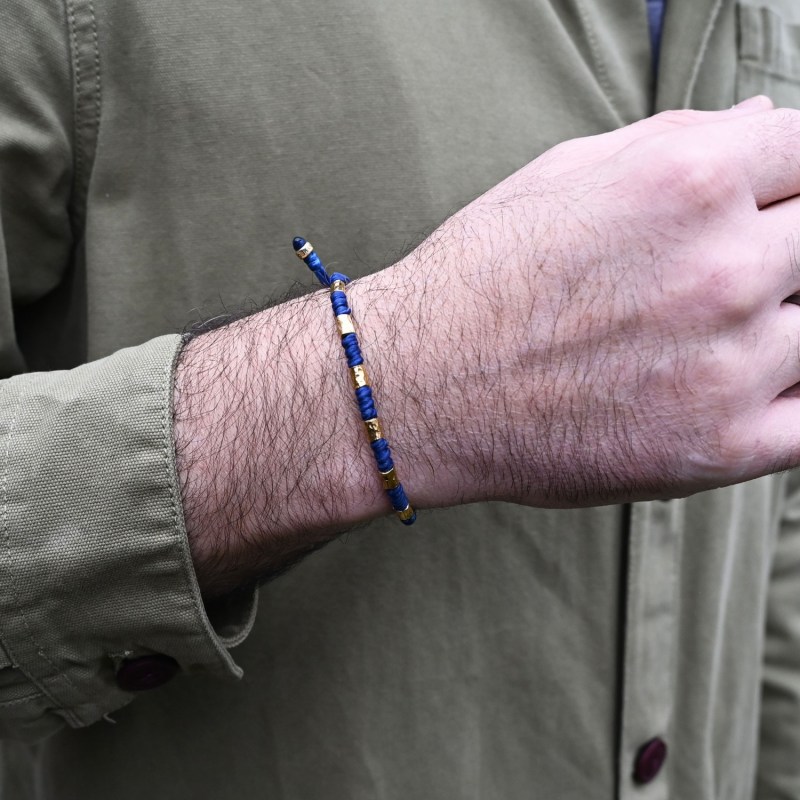 Thumbnail of Gold Bracelet For Men - Handmade Blue Rope & Chunky Viking Pieces image