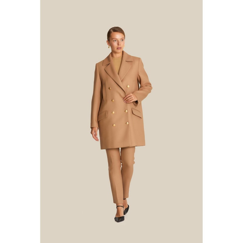 Gold Buttoned Midi Length Camel Wool Coat Rue Les Createurs