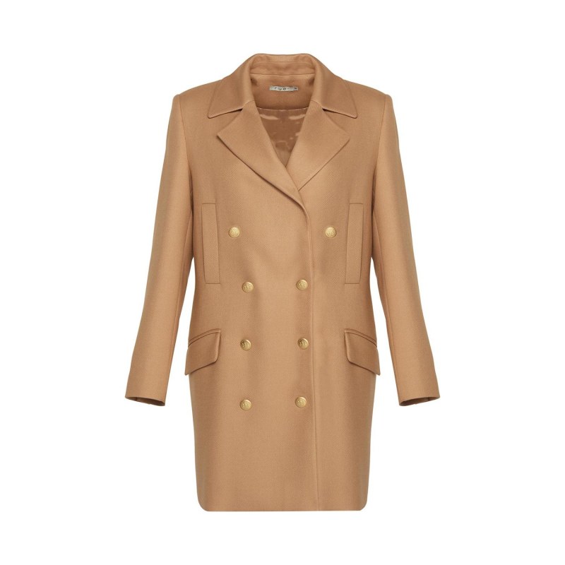 Gold Buttoned Midi Length Camel Wool Coat Rue Les Createurs