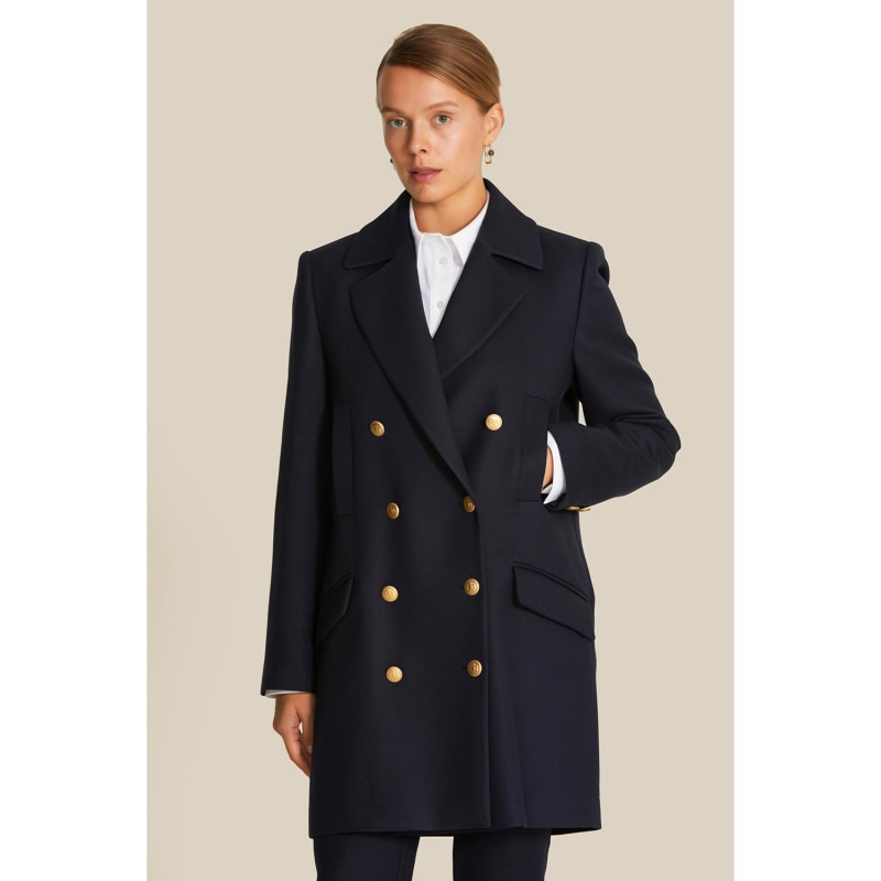 Gold Buttoned Midi Length Navy Blue Wool Coat Rue Les Createurs