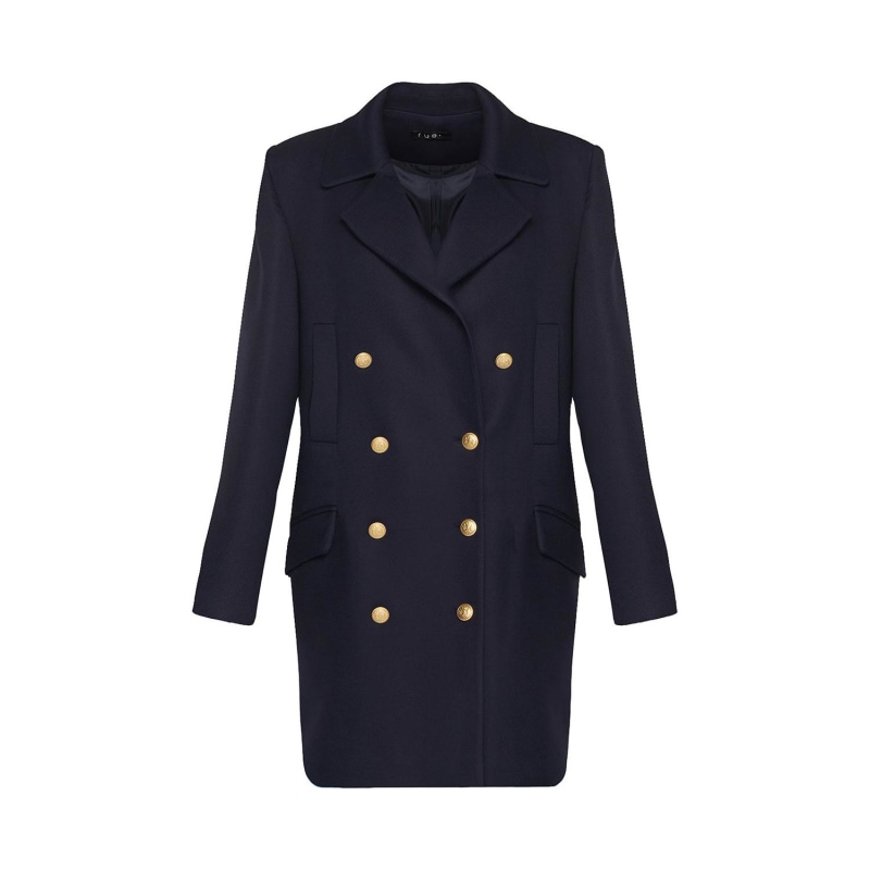 Gold Buttoned Midi Length Navy Blue Wool Coat by Rue Les Createurs