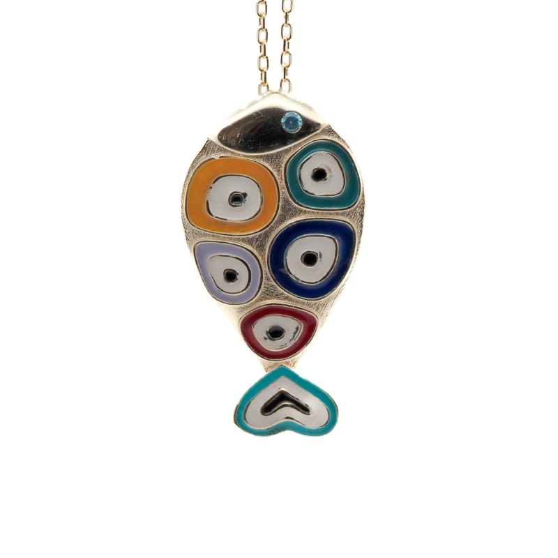 Beautiful Pendant, Fish With Stones And Enamel