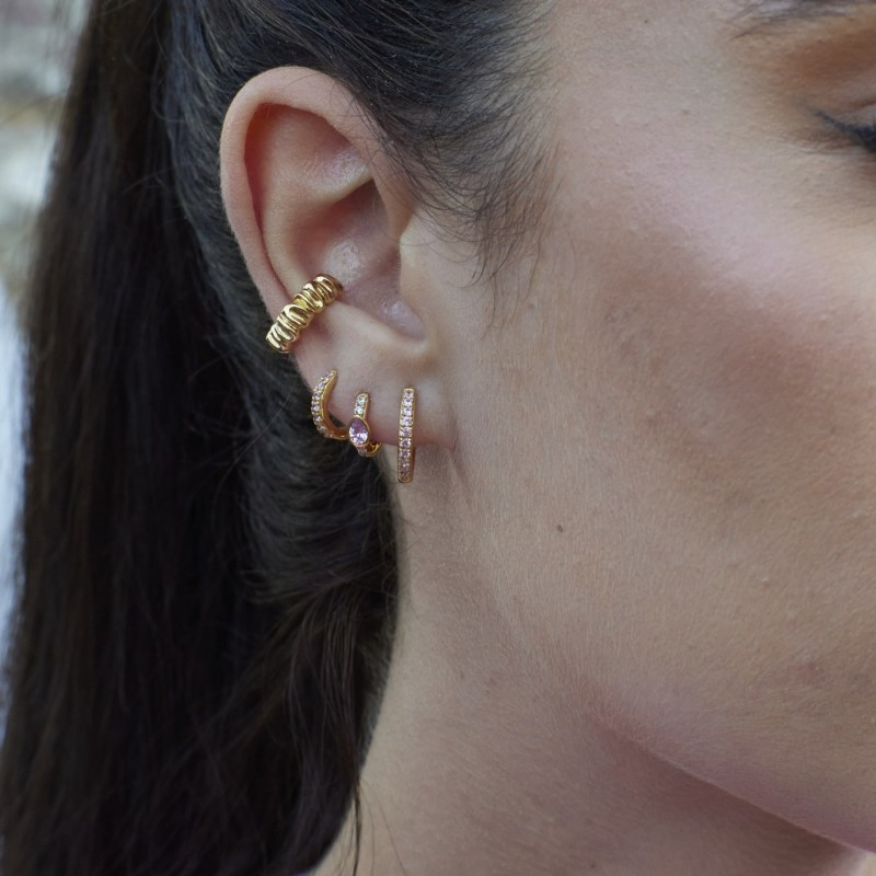 Gold Large Huggie Earrings with Pink Stones Scream Pretty Wolf