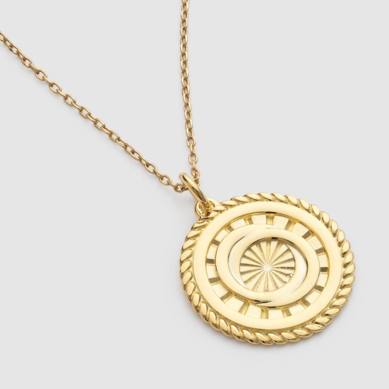 Thumbnail of Gold Sunburst Interlocking Circles Medallion Necklace image