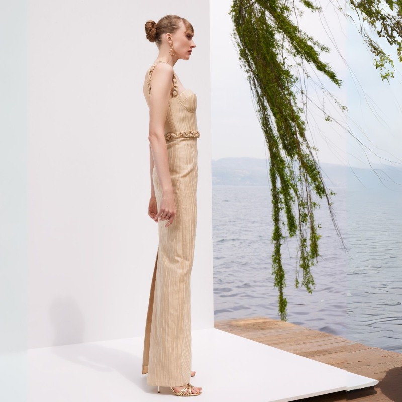 Thumbnail of Golden Gala - Beige Maxi Dress With Gold Knit Details image