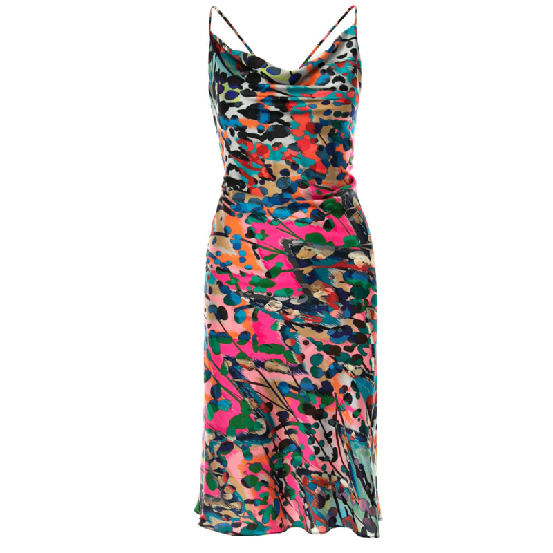 PRINTED SATIN EFFECT MIDI DRESS - Multicolored