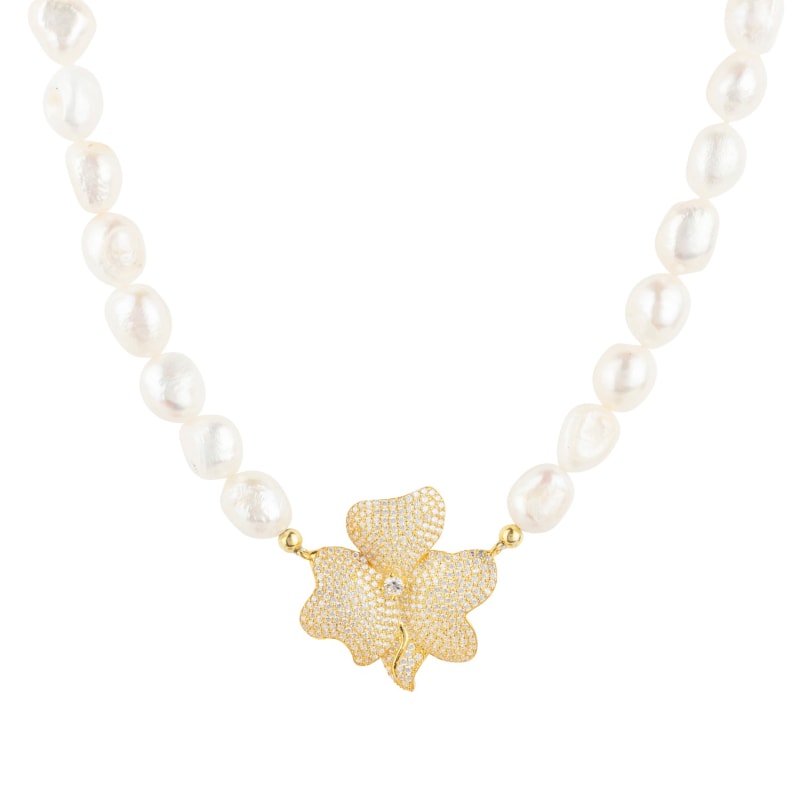 Thumbnail of Flower Pearl Mid Length Necklace White Cz Gold image