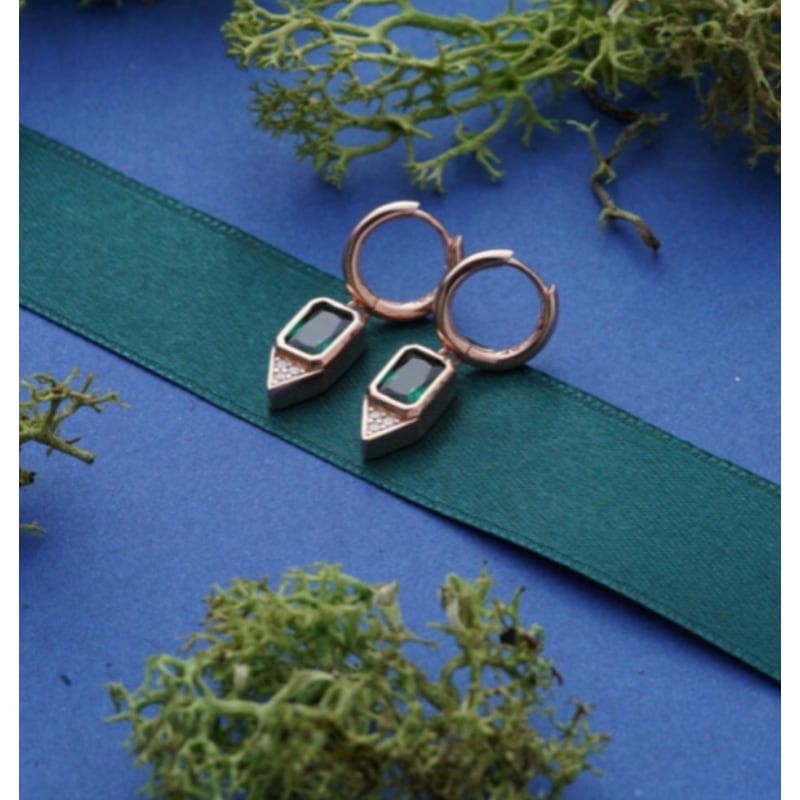 Thumbnail of Gold Huggie Earrings Green Emerald Stone - Rose Gold image