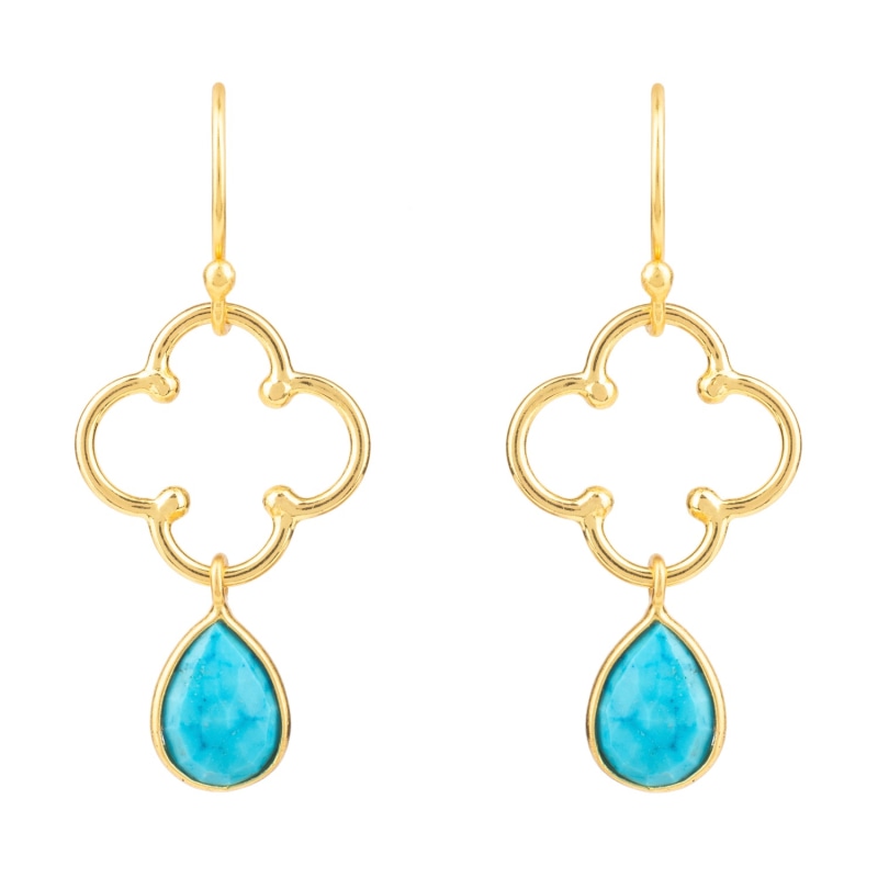 Thumbnail of Open Clover Gemstone Drop Earrings Gold Turquoise image