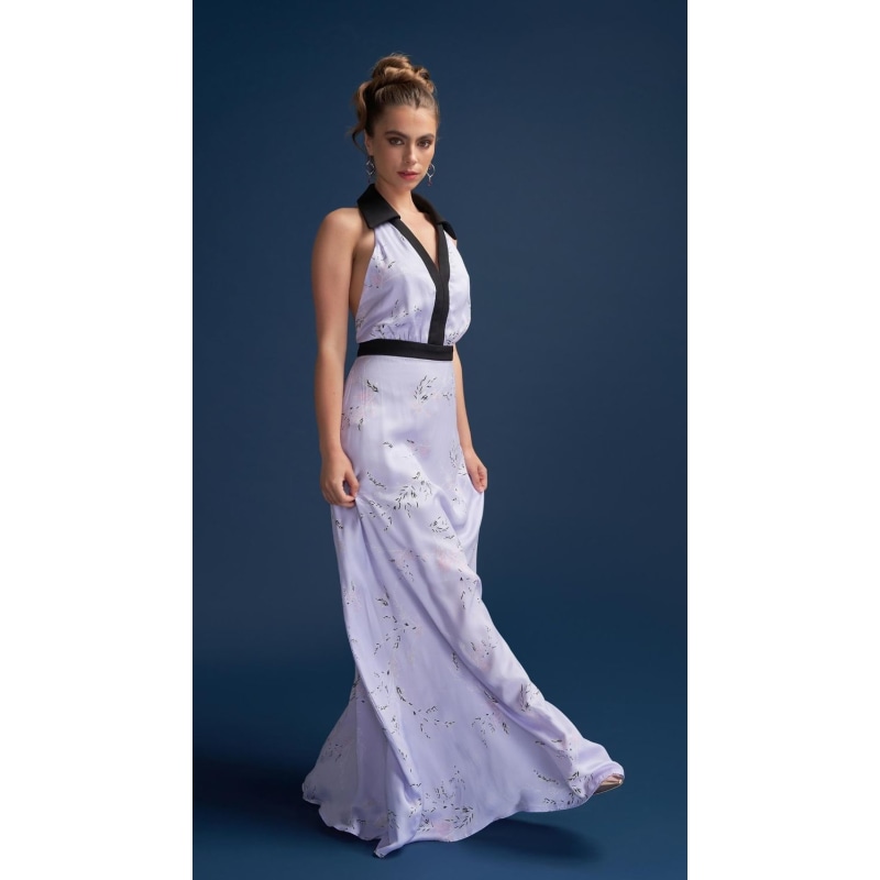 Thumbnail of Gracie Glowing Backless Floor Length Gown In Sakura Lilac Print image