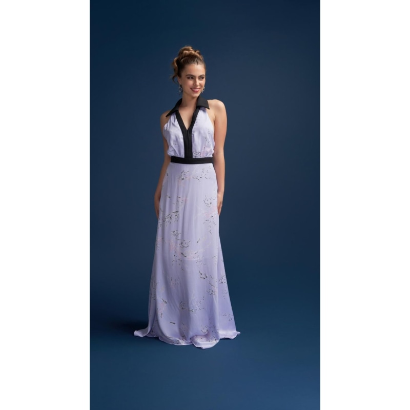 Thumbnail of Gracie Glowing Backless Floor Length Gown In Sakura Lilac Print image