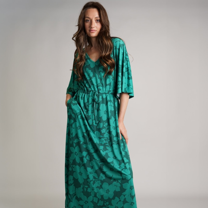 Thumbnail of Green Floral Print Kaftan | Luna V Neck Elasticated Waist Soft Jersey Dress image