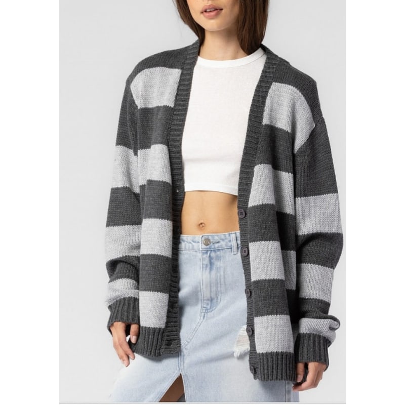 Gray and white striped cardigan sale