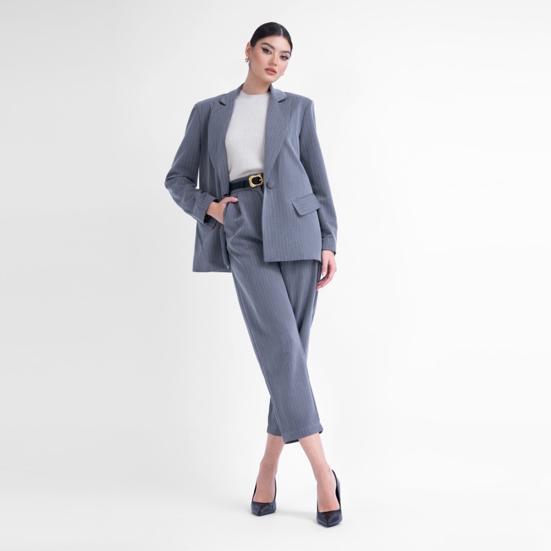 Grey Pinstripe Suit With Regular Blazer And Cropped Trousers