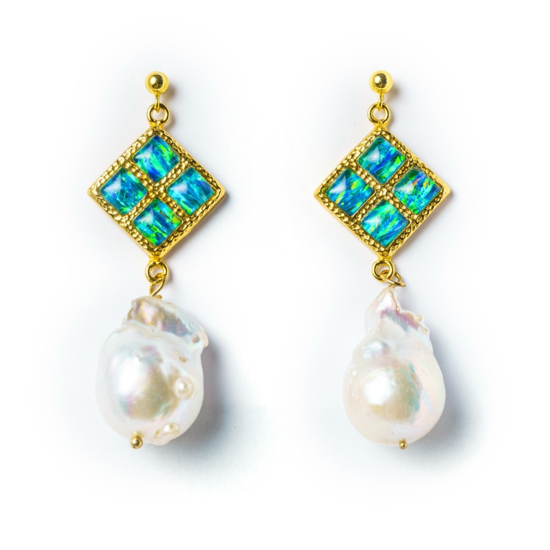 Thumbnail of Sunset Statement Gold Opal And Baroque Freshwater Pearl Earrings image