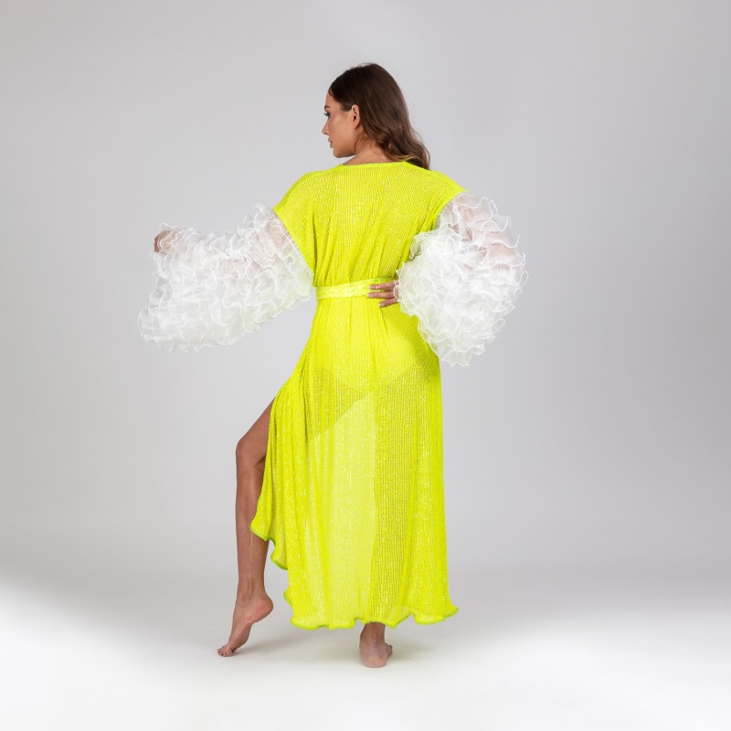 Thumbnail of Song - Lime Green Sequin Robe With White Chiffon Frilly Sleeves image