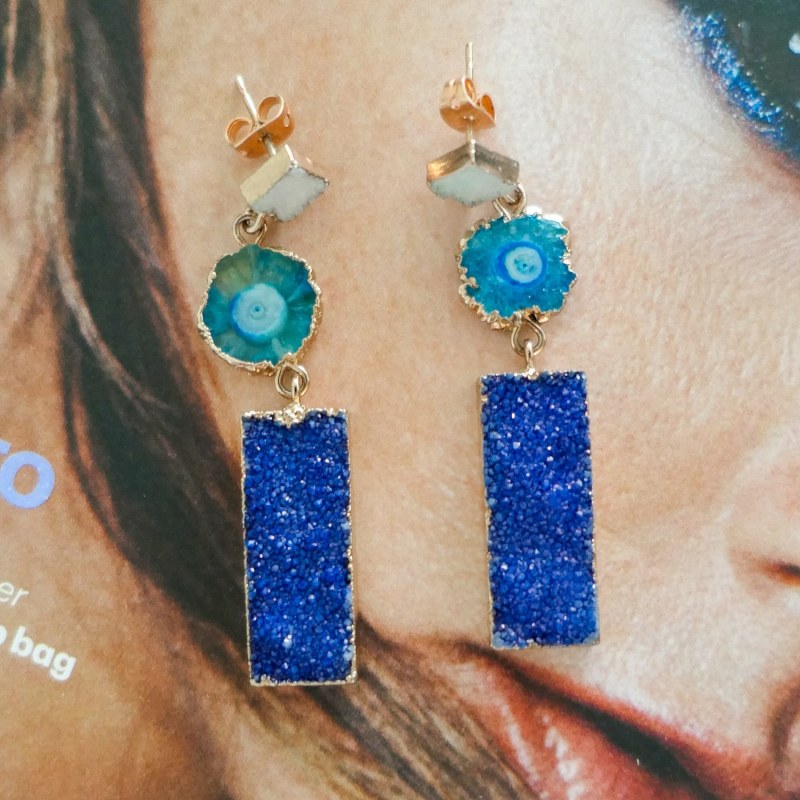 Thumbnail of Navy Blue Druzy Solar Quartz Rose Gold Earrings image