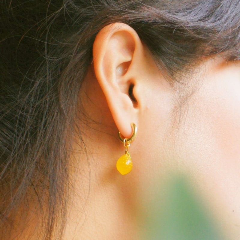 Thumbnail of Organic Fruit & Pearl Asymmetrical Hoop Earrings, 18K Gold Vermeil, Jade Lemon image