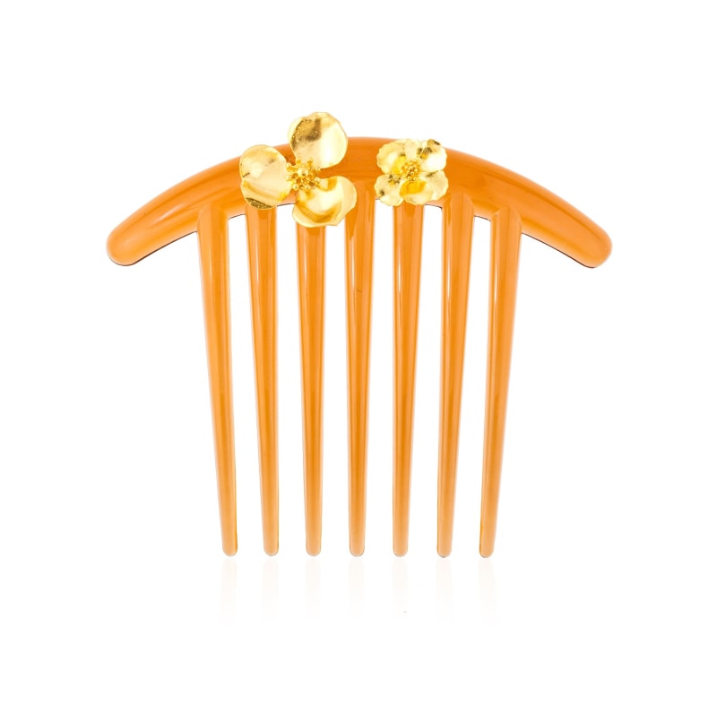 Thumbnail of Large Brown Hair Comb With Gold Flowers image