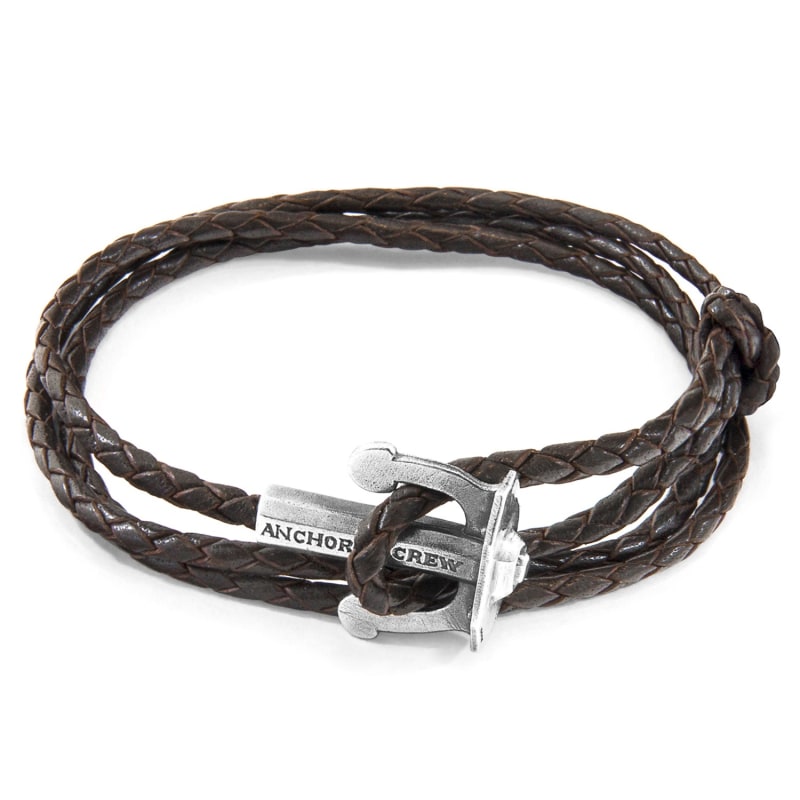 Thumbnail of Dark Brown Union Anchor Silver & Braided Leather Bracelet image