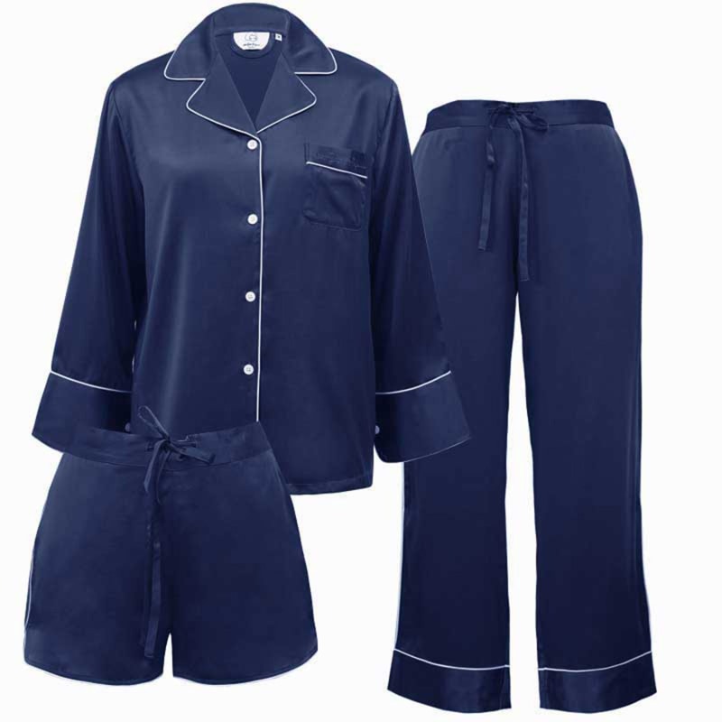 Women 3-Piece Classic Silk Pajamas Set - Navy