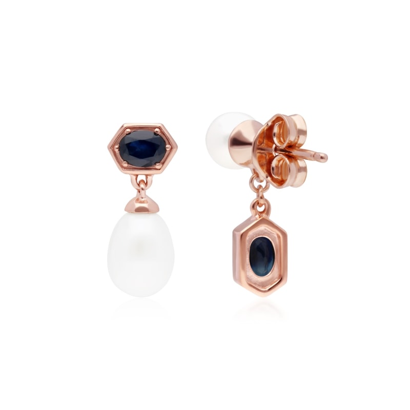 Thumbnail of Mismatched Sapphire & Pearl Dangle Earrings In Rose Gold Plated Silver image