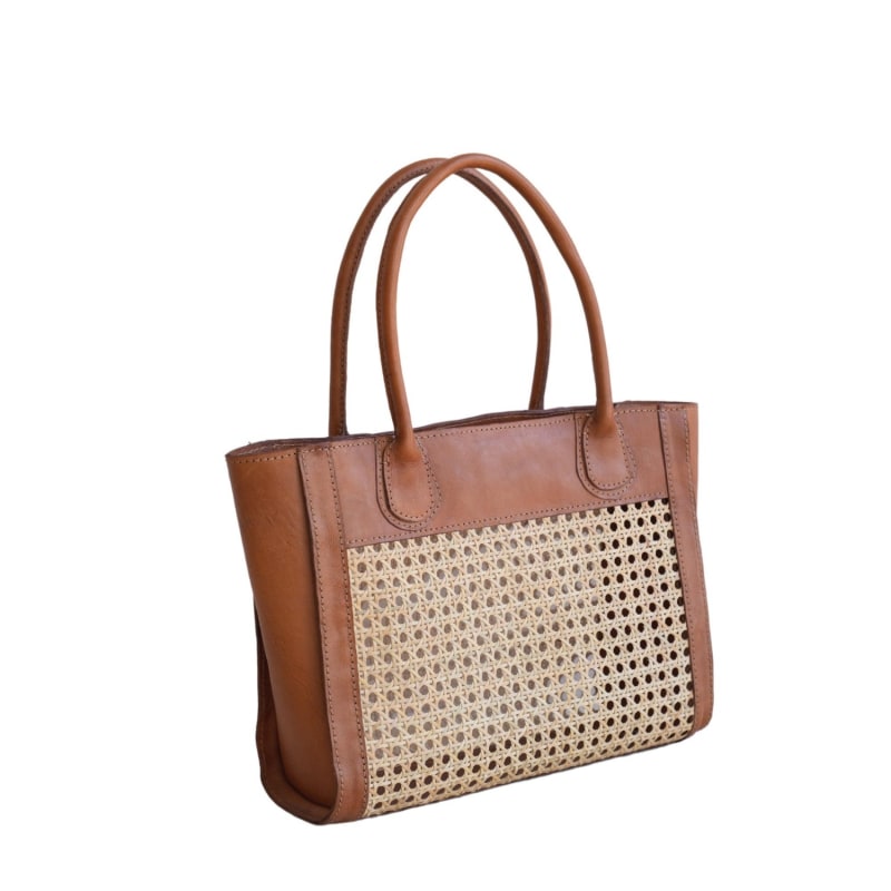 Handmade Woven Cane and Leather Tote