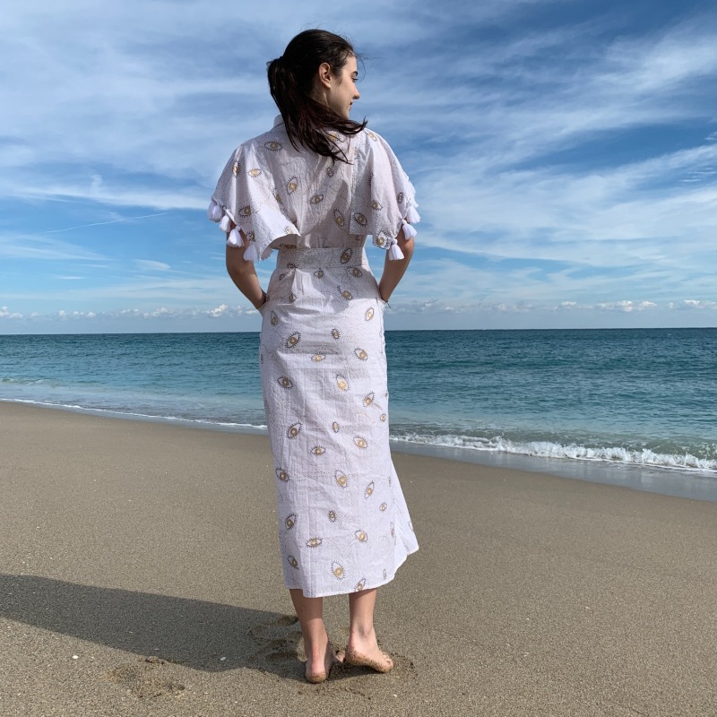 Thumbnail of Half Sleeve Cotton Kimono With Tassels, Handblock Evil Eye White Gold image