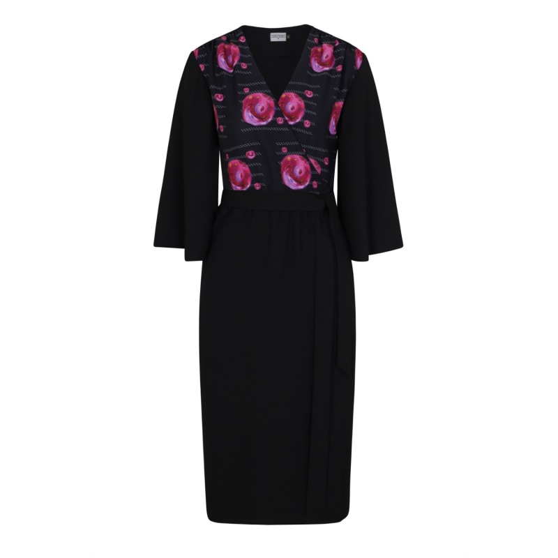 Pearl Wrap Dress In Black With Geranium Planet Print Detail Cocoove Wolf Badger