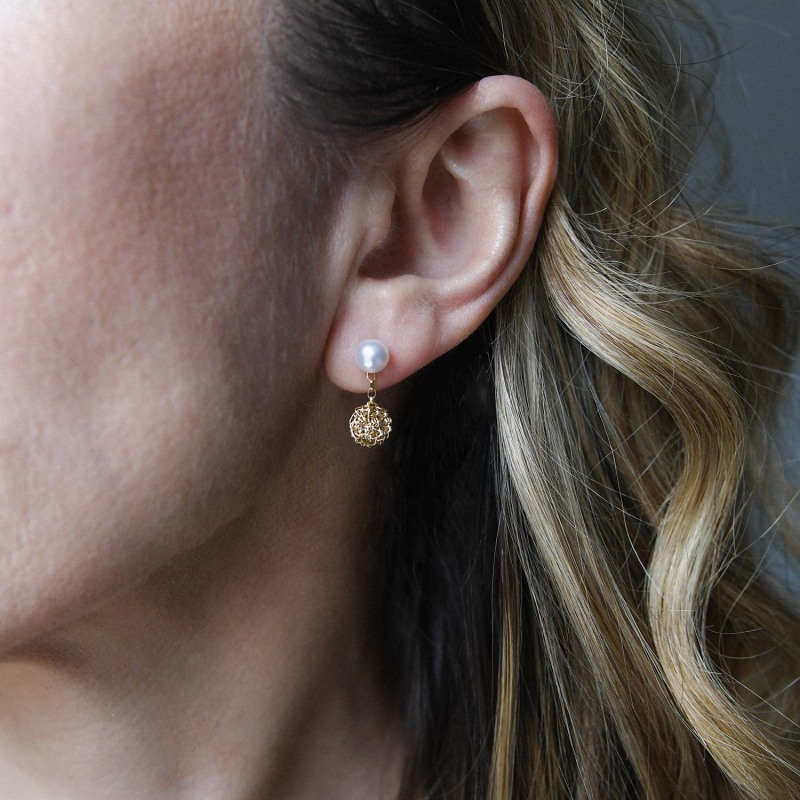 Thumbnail of Hand Crocheted Yellow Gold Detachable Earrings With Freshwater Cultured Pearl image