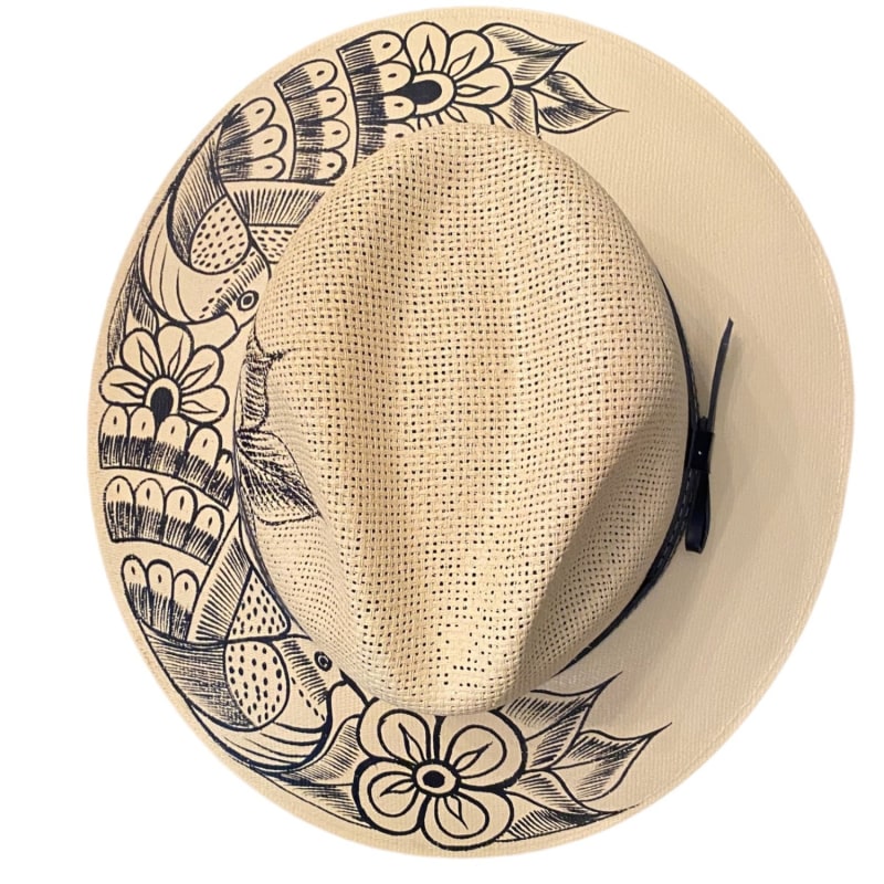 Thumbnail of Hand-Painted Hat From Mexico - Birds - Sand, Black image