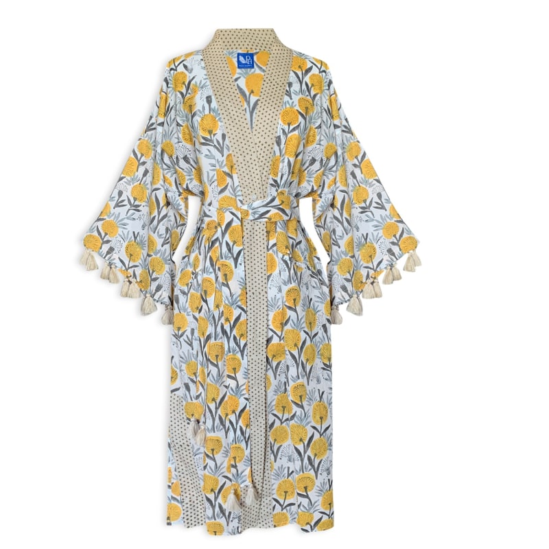 Thumbnail of Handblock Cotton Kimono With Tassels | Dandelion Yellow image